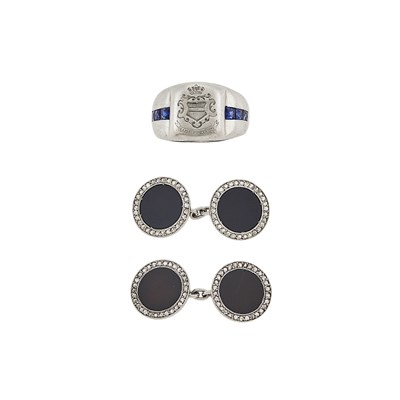 Lot 1137 - Pair of Platinum, Black Enamel and Rose Diamond Cufflinks and Platinum and Sapphire Family Crest Ring