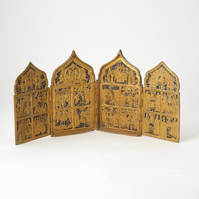 Lot 621 - Russian Enameled Brass Traveling Four-Panel Icon