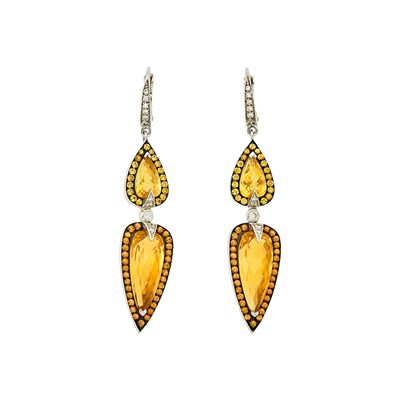 Lot 1228 - Pair of Two-Color Gold, Citrine, Yellow and Orange Sapphire and Diamond Pendant-Earrings