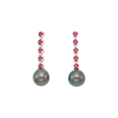 Lot 136 - Pair of White Gold, Ruby, Diamond and Tahitian Gray Cultured Pearl Pendant-Earrings