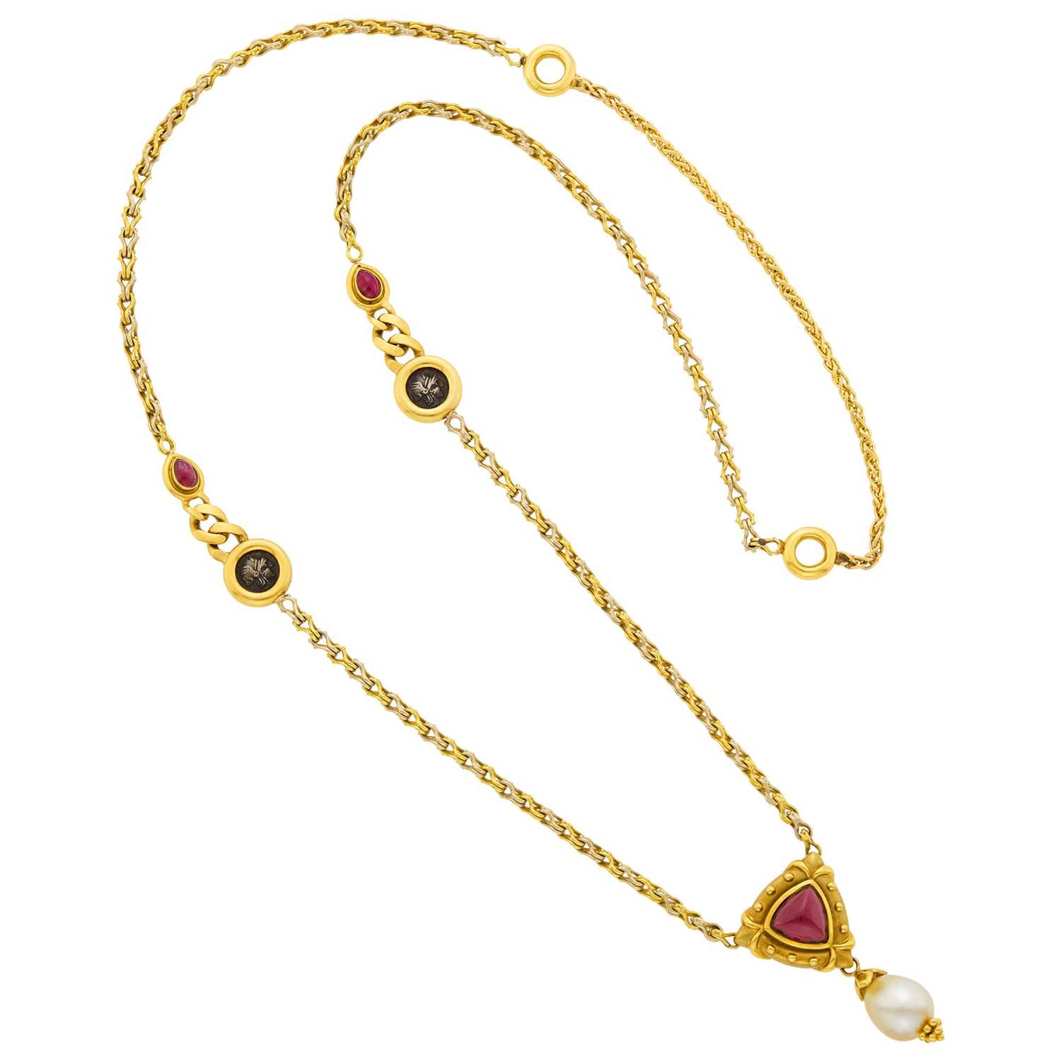 Lot 158 - Long Two-Color Gold, Silver Medallion, Cabochon Ruby, Garnet, and Golden Pearl Cultured Pearl Chain Pendant-Necklace
