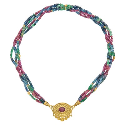 Lot 125 - Four Strand Ruby, Sapphire, Emerald and Gold Bead Necklace with Gold and Ruby Pendant