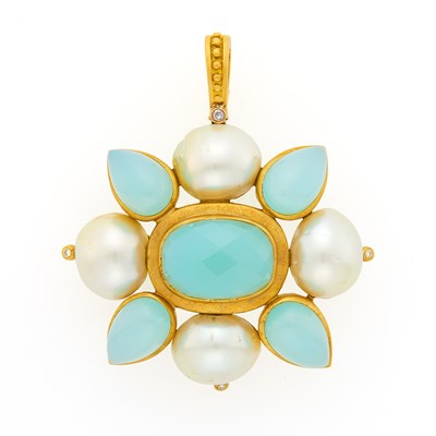 Lot 1193 - Gold, Blue Chalcedony and Mabé Pearl Enhancer Pendant