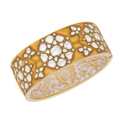 Lot 113 - Indian Gold, Diamond and White Enamel Cuff Bangle Bracelet