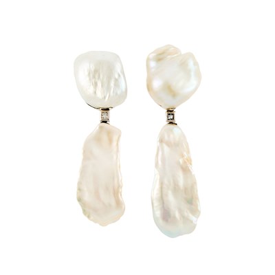 Lot 179 - Pair of White Gold, Baroque Cultured Pearl and Diamond Pendant-Earrings