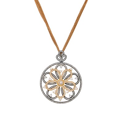 Lot Two-Color Gold and Diamond Flower Pendant with Triple Strand Chain Necklace