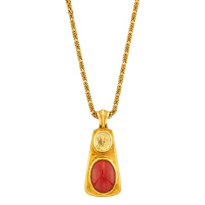 Lot 1303 - Gold, Yellow Sapphire and Coral Pendant with Chain Necklace