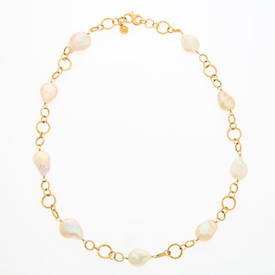 Lot 1189 - Rose Gold and Baroque Cultured Pearl Chain Necklace