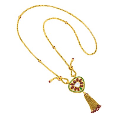 Lot 114 - Indian Long Gold, Foil-Backed Diamond, Ruby and Emerald, Cabochon Ruby and Ruby Bead Pendant Tassel Necklace