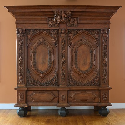 Lot 385 - Large North German Baroque Carved and Inlaid Walnut and Part Ebonized Schrank