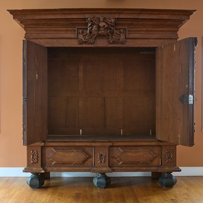 Lot 385 - Large North German Baroque Carved and Inlaid Walnut and Part Ebonized Schrank