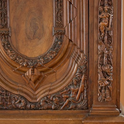 Lot 385 - Large North German Baroque Carved and Inlaid Walnut and Part Ebonized Schrank