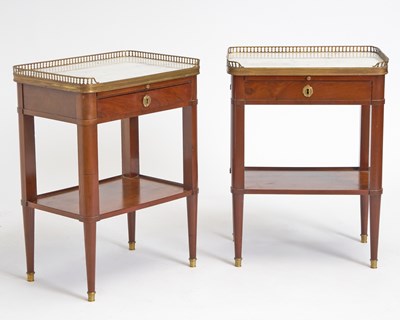 Lot 299 - Pair of Louis Style Mahogany and Marble Top Bedside Tables