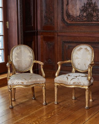 Lot 232 - Pair of Italian Neoclassical Giltwood Upholstered Fauteuils