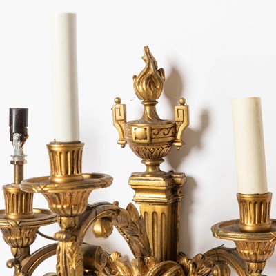 Lot 243 - Pair of Louis XVI Style Three-Light Gilt-Metal Sconces with Ram's Heads