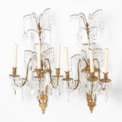 Lot 335 - Pair of Swedish Neoclassical Bronze and Glass Three-Light Sconces