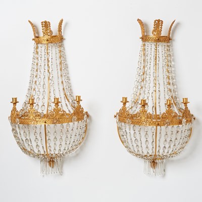 Lot 334 - Pair of Large French Empire Gilt Bronze and Glass Five-Light Sconces