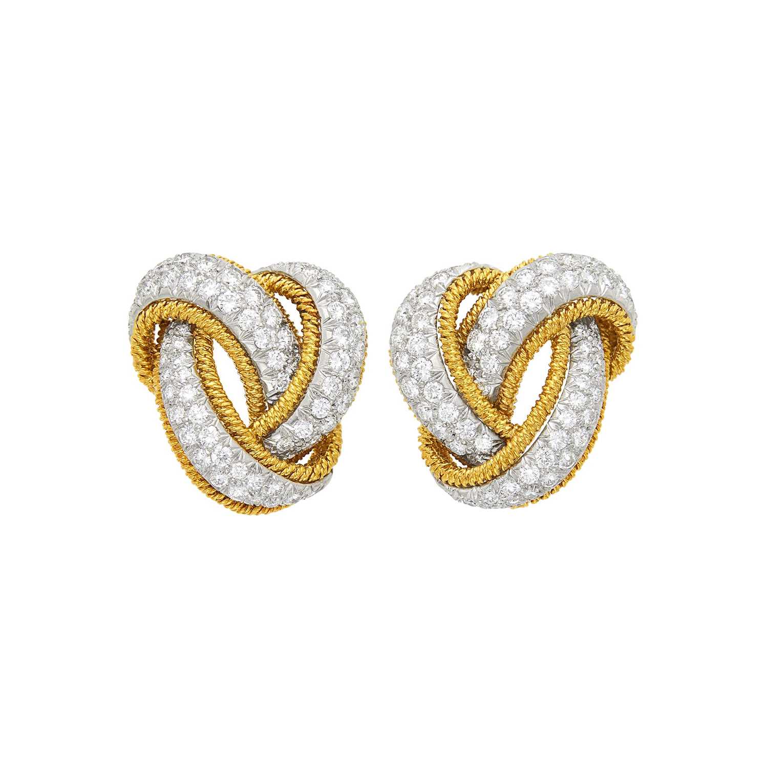 Lot 96 - David Webb Pair of Gold, Platinum and Diamond Knot Earclips