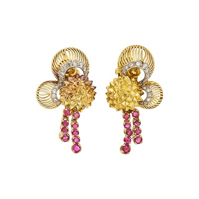 Lot 1073 - Pair of Gold, Platinum, Ruby and Diamond Fringe Earclips