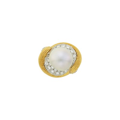 Lot 134 - Two-Color Gold, South Sea Semi-Baroque Cultured Pearl and Diamond Ring