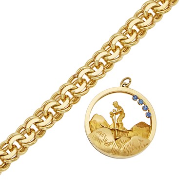 Lot 1065 - Gold Link Bracelet and Gold and Sapphire Mountain Skier Charm