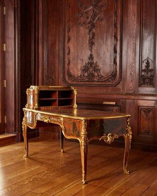 Lot Louis XV Style Gilt-Bronze Mounted Tulipwood and Chinese Red Lacquer Bureau Plat a Cartonnier