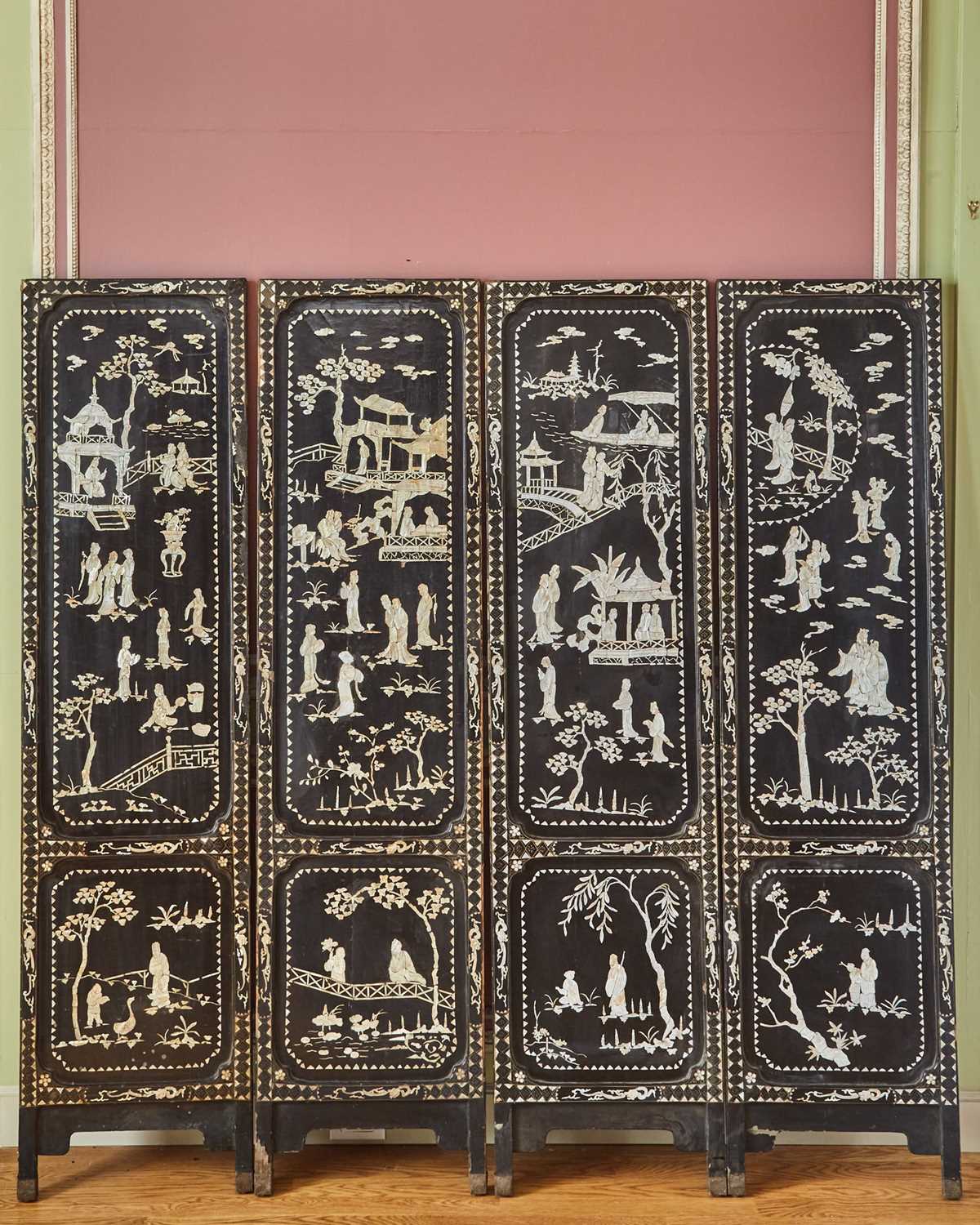 Lot 116 - Chinese Lacquer and Mother-of-Pearl Inlaid Four-Panel Screen