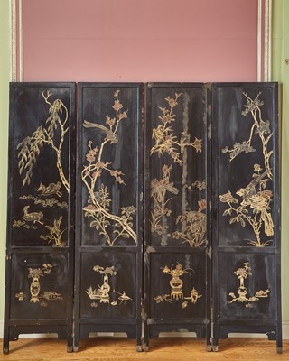 Lot 116 - Chinese Lacquer and Mother-of-Pearl Inlaid Four-Panel Screen