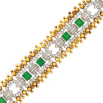 Lot 1167 - Wide Gold, Platinum, Emerald Doublet and Diamond Bracelet