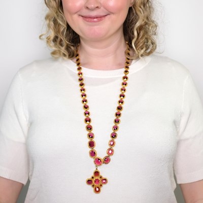 Lot 54 - Long Antique Gold and Garnet Maltese Cross Pendant-Necklace/Pair of Bracelets Combination