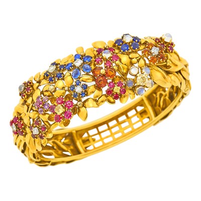 Lot 114 - Gold, Gem-Set and Diamond Floret Cuff Bangle Bracelet