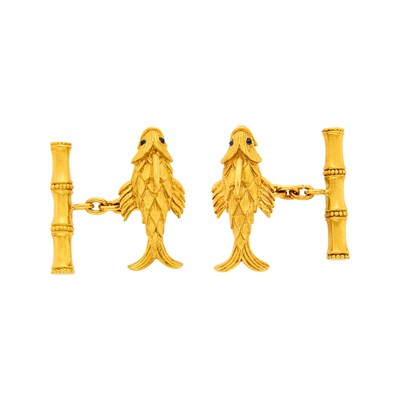 Lot 132 - Tiffany & Co., Schlumberger Pair of Gold and Sapphire Koi Fish Cufflinks