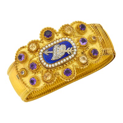 Lot 51 - Antique Gold, Colored Stone, Diamond, Split Pearl and Enamel Cuff Bracelet