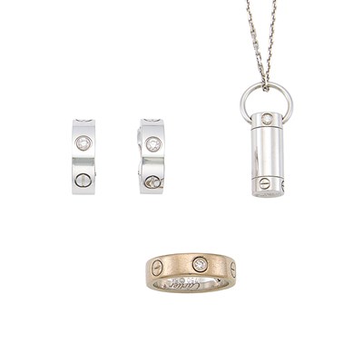 Lot 1105 - Cartier Pair of White Gold and Diamond 'Love' Hoop Earrings, Ring and Pendant with Chain Necklace