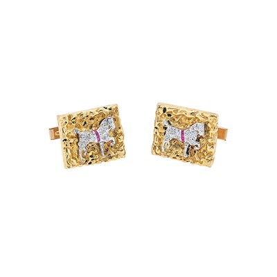 Lot 1181 - Gold, Platinum, Synthetic Ruby and Diamond Horse Cufflinks