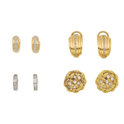 Lot 1263 - Four Pairs of Gold and Diamond Earrings