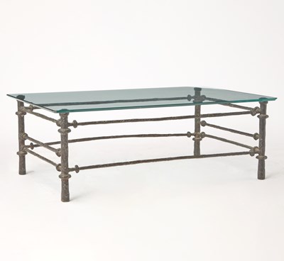 Lot 388 - Diego Giacometti Style Patinated Metal and Glass Coffee Table