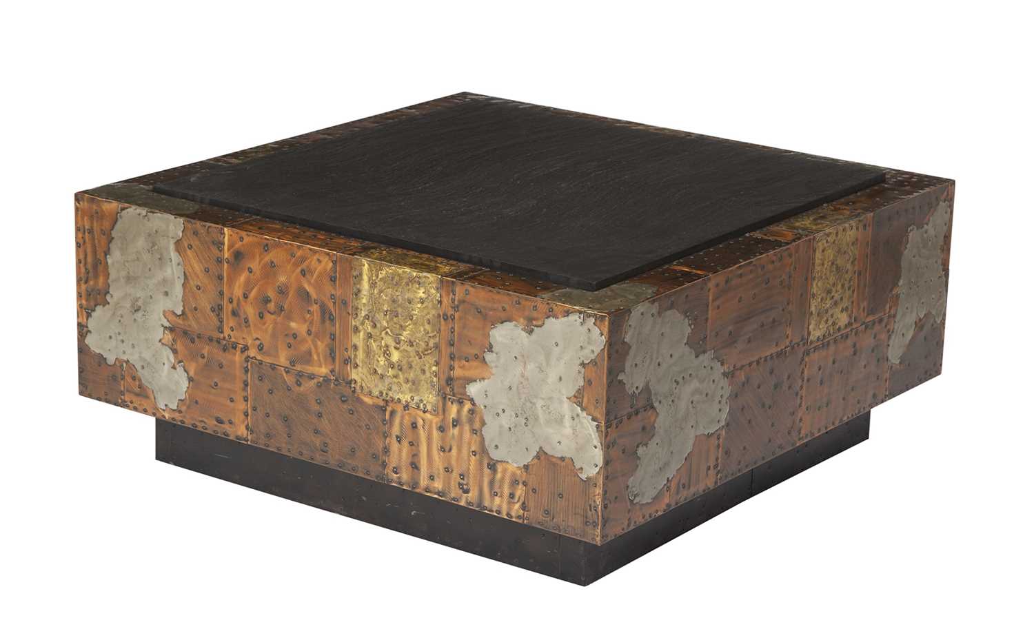 Lot 815 - Paul Evans Patinated Copper, Steel, Pewter and Stone "Patchwork" Coffee Table