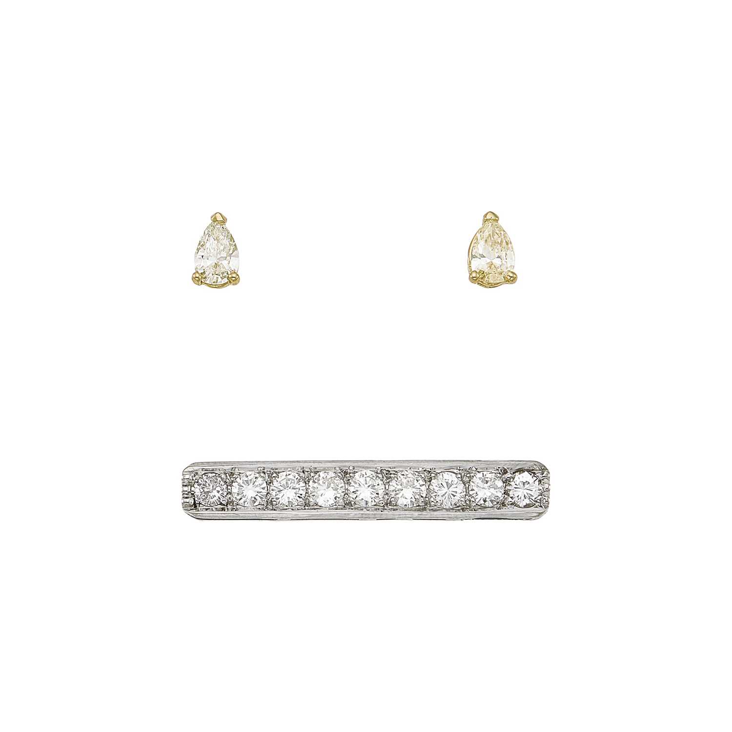 Lot 1124 - White Gold and Diamond Bar Pin and Pair of White Gold and Diamond Stud Earrings