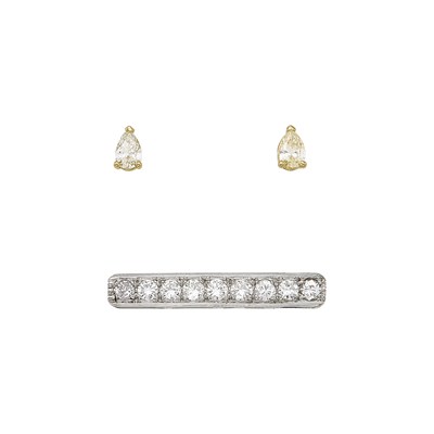 Lot 1124 - White Gold and Diamond Bar Pin and Pair of White Gold and Diamond Stud Earrings