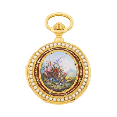 Lot 1095 - L. Vrard & Co. Tientsin Gold, Split Pearl and Enamel Scene Minute Repeater Hunting Case Pocket Watch
