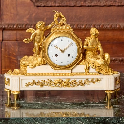 Lot 230 - Louis XVI Gilt-Bronze and White Marble Figural Mantel Clock