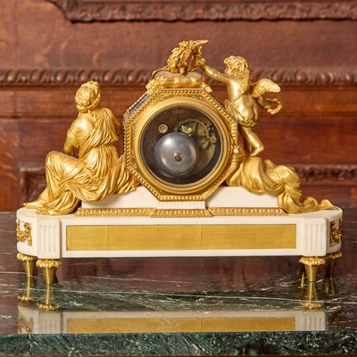 Lot 230 - Louis XVI Gilt-Bronze and White Marble Figural Mantel Clock