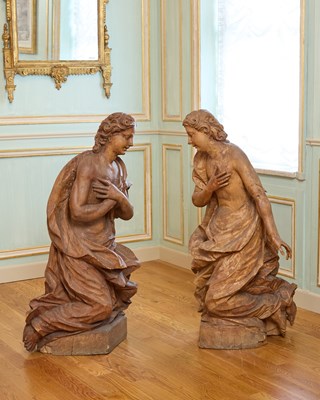Lot 352 - Large Pair of German Rococo Carved Wood Figural Sculptures