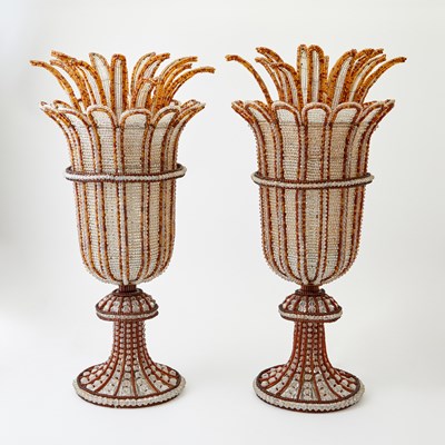 Lot 760 - Pair of Continental Mid-Century Design Large Wire and Beadwork Vase-Form Table Lamps