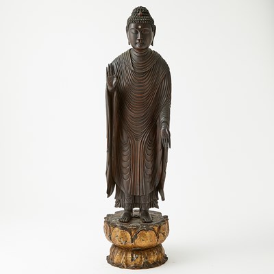 Lot 337 - A Japanese Carved Wood Figure of Standing Amida Buddha