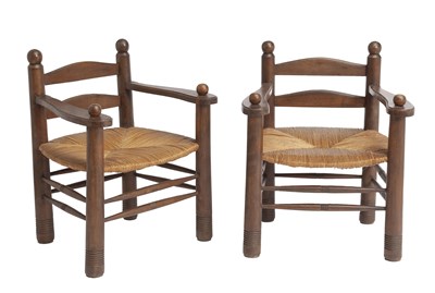 Lot 767 - Pair of Charles Dudouyt Style Rush Seat Oak Open Armchairs