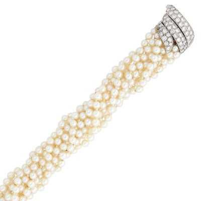 Lot 74 - David Webb Multistrand Cultured Pearl, Platinum and Diamond Torsade Bracelet