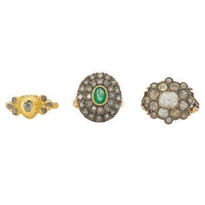 Lot 2230 - Two Antique Silver, Gold and Diamond Rings and Emerald and Diamond Ring