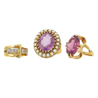 Lot 2189 - Three Gold, Amethyst, Simulated Stone, Diamond and Cultured Pearl Rings